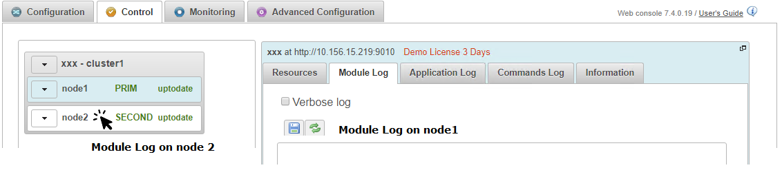SafeKit web console - Module Log of the PRIM  server