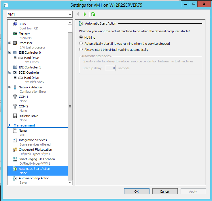 Set Hyper-V Manager - Automatic start action: none